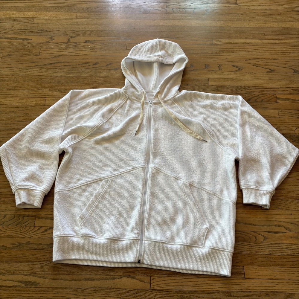 Aerie White Waffle Knit Full Zip Hoodie Sweatshirt Women's Large Oversized